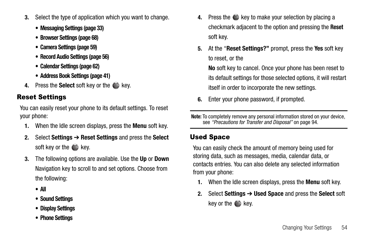 Reset settings, Used space, Reset settings used space | Samsung SGH-A237RKAATT User Manual | Page 57 / 100