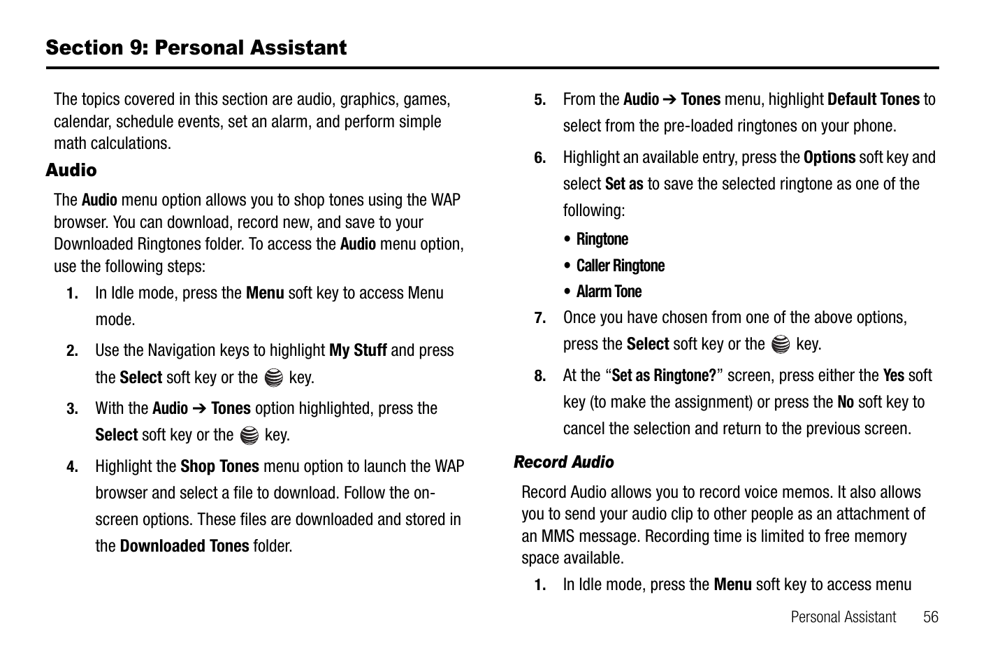 Section 9: personal assistant, Audio | Samsung SGH-A237RKAATT User Manual | Page 59 / 100