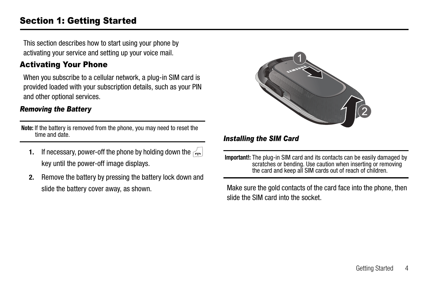Section 1: getting started, Activating your phone | Samsung SGH-A237RKAATT User Manual | Page 7 / 100
