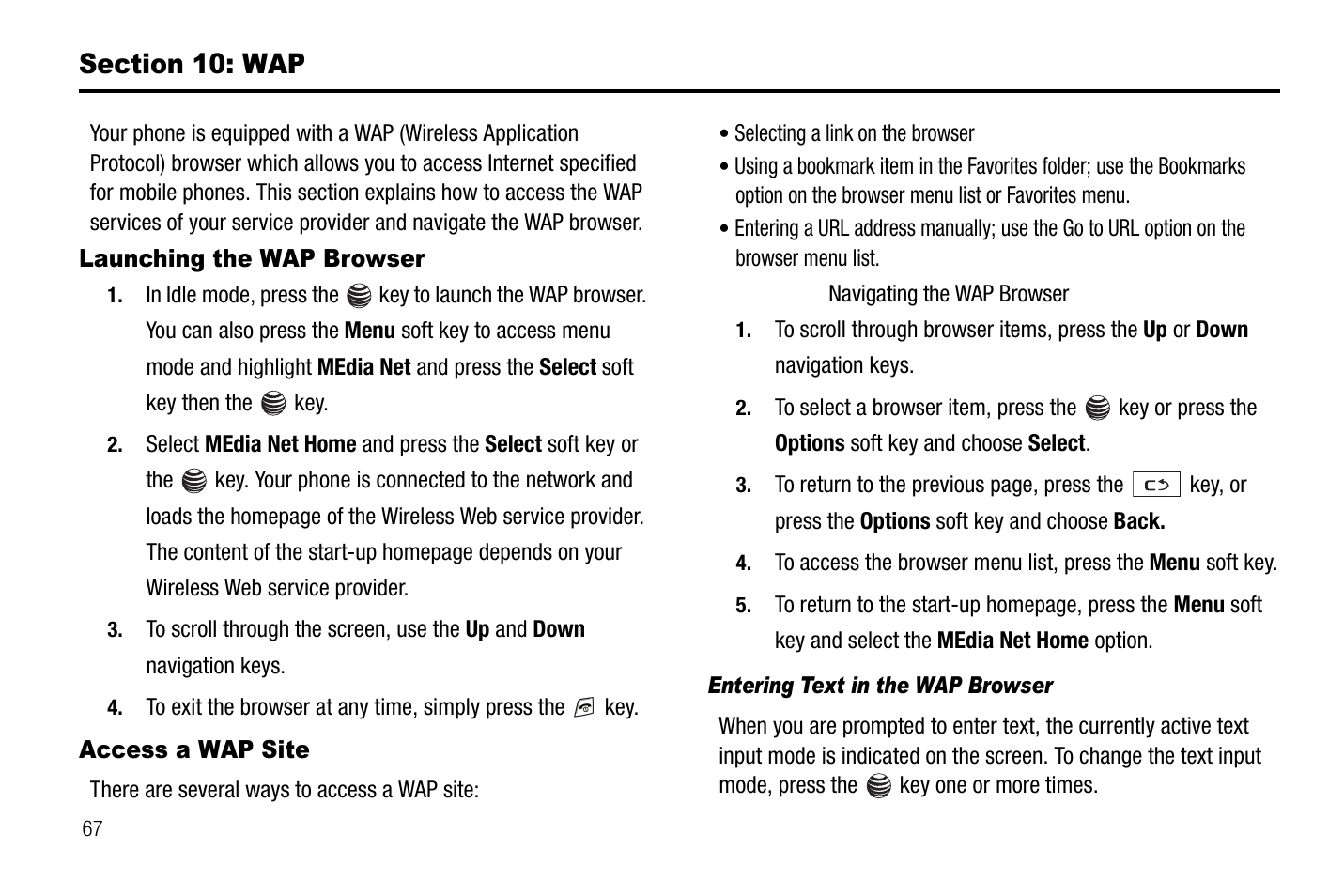 Section 10: wap, Launching the wap browser, Access a wap site | Launching the wap browser access a wap site | Samsung SGH-A237RKAATT User Manual | Page 70 / 100