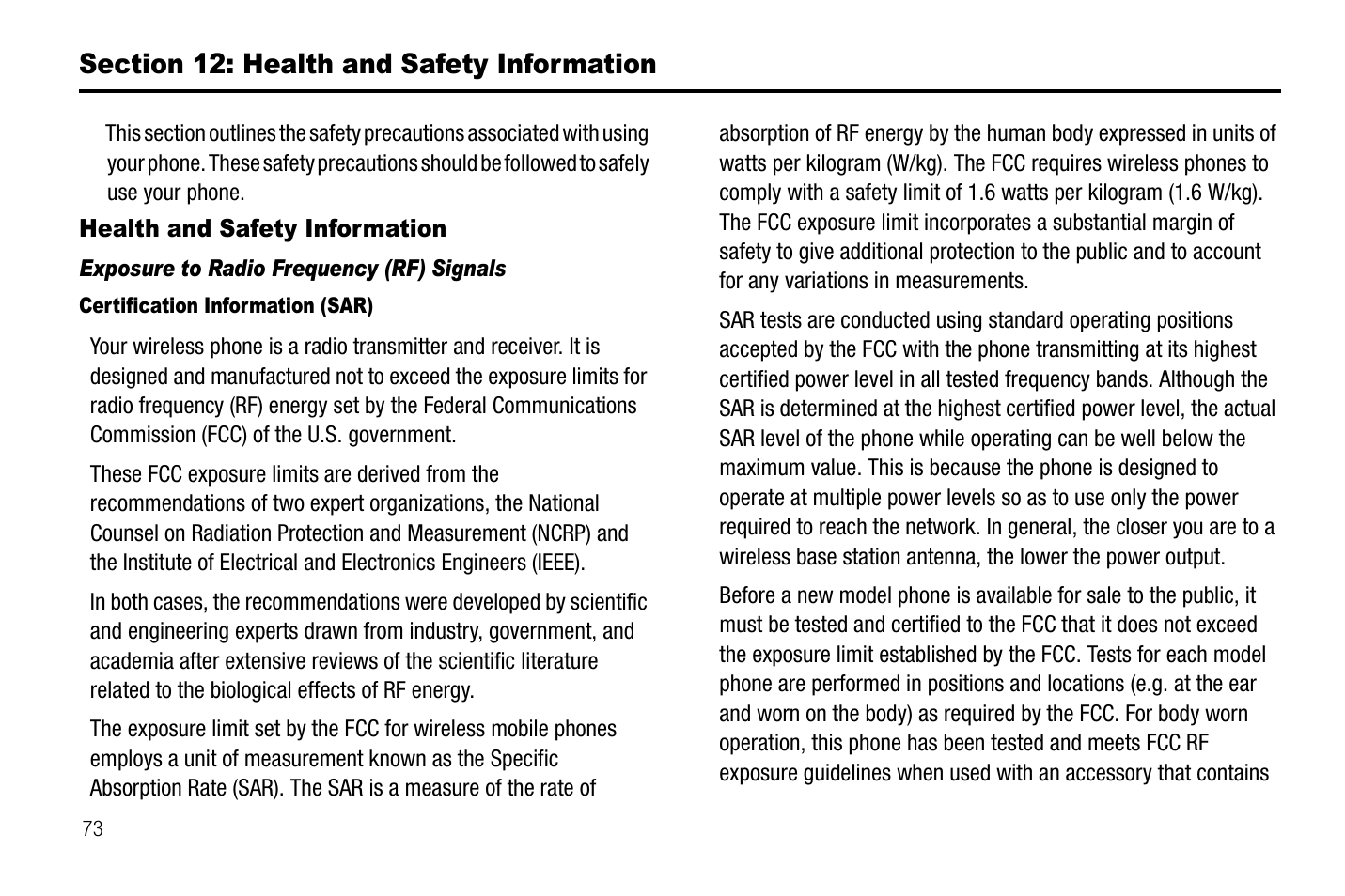 Section 12: health and safety information, Health and safety information | Samsung SGH-A237RKAATT User Manual | Page 76 / 100