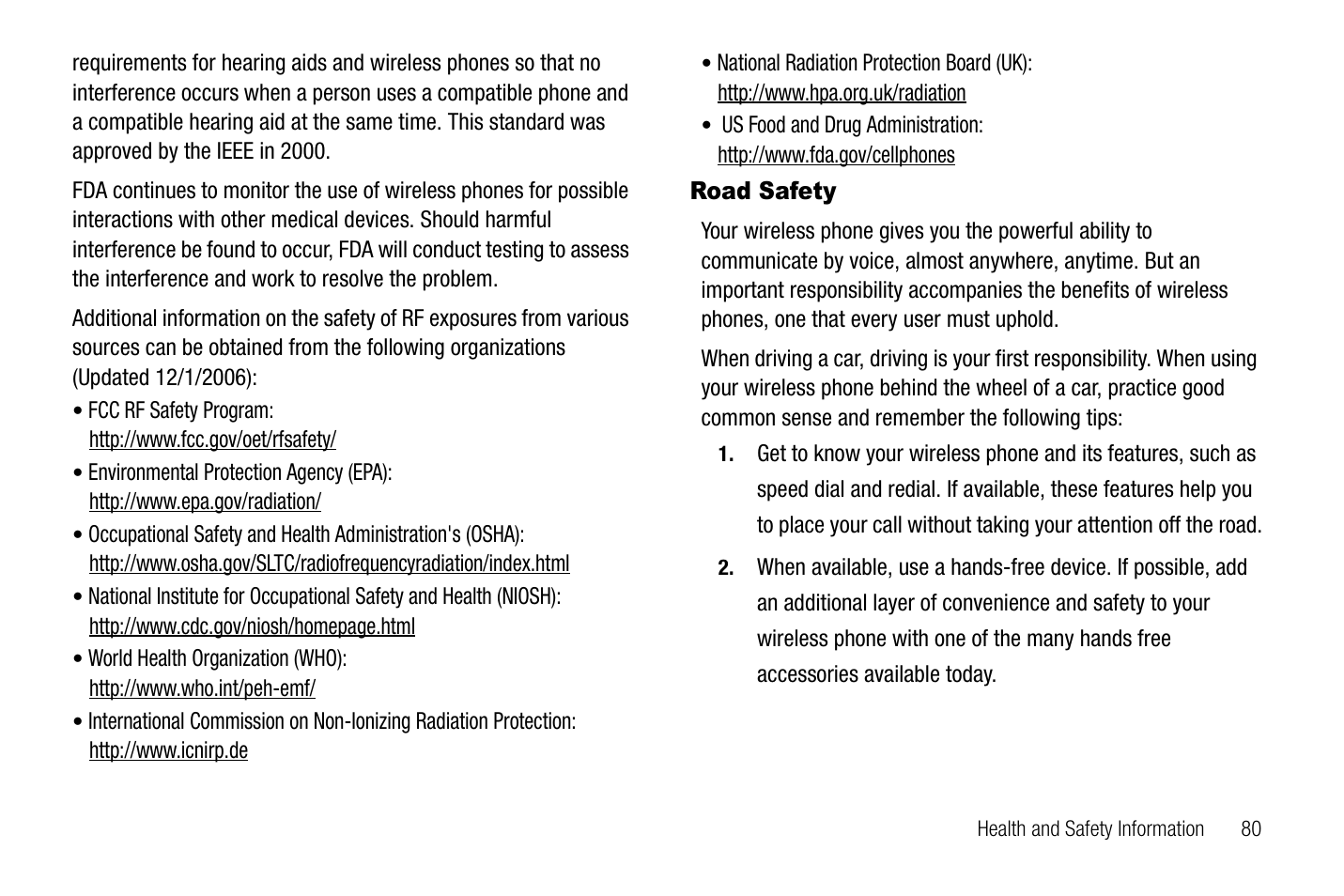 Road safety | Samsung SGH-A237RKAATT User Manual | Page 83 / 100