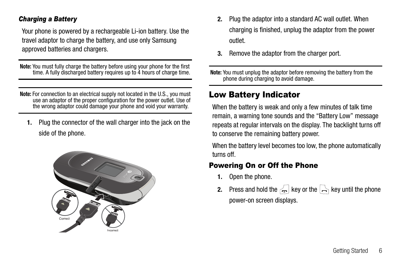 Low battery indicator, Powering on or off the phone, Low battery indicator powering on or off the phone | Samsung SGH-A237RKAATT User Manual | Page 9 / 100