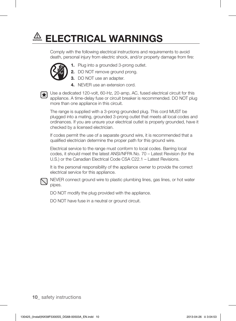 Electrical warnings | Samsung NX58F5300SS-AA User Manual | Page 10 / 40