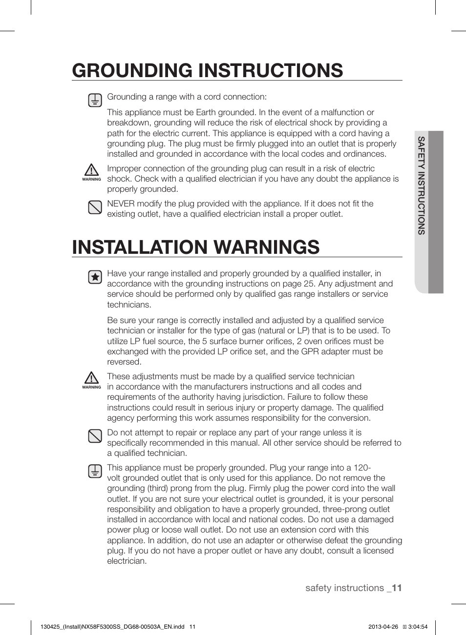 Grounding instructions, Installation warnings | Samsung NX58F5300SS-AA User Manual | Page 11 / 40