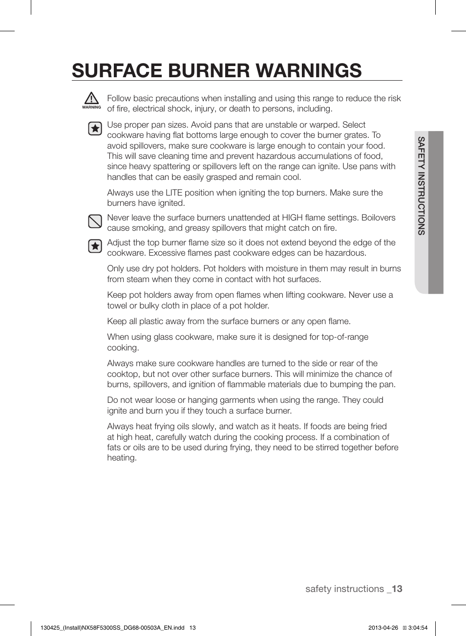 Surface burner warnings | Samsung NX58F5300SS-AA User Manual | Page 13 / 40