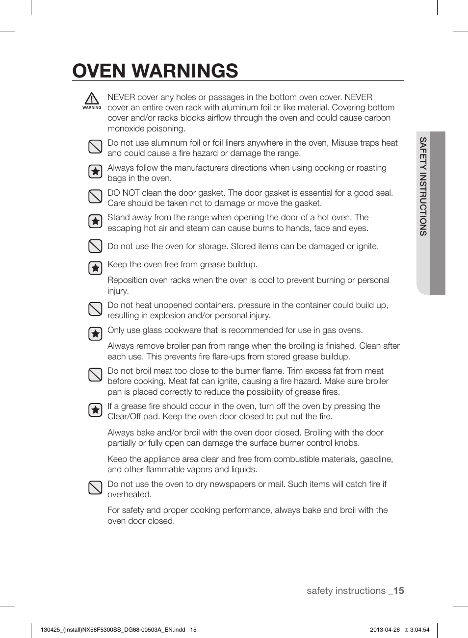 Oven warnings | Samsung NX58F5300SS-AA User Manual | Page 15 / 40