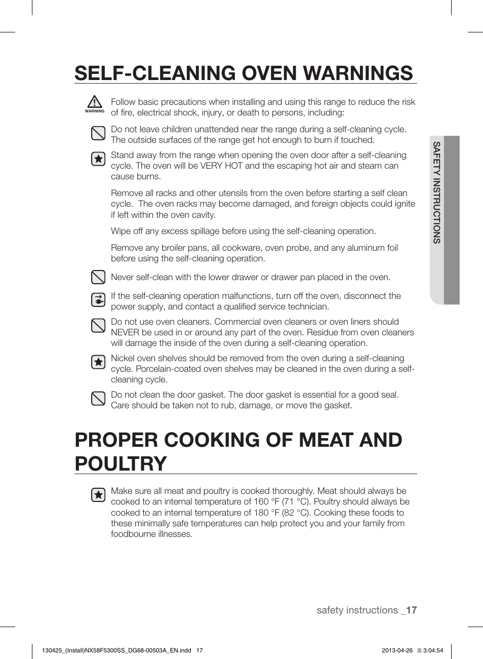 Self-cleaning oven warnings, Proper cooking of meat and poultry | Samsung NX58F5300SS-AA User Manual | Page 17 / 40