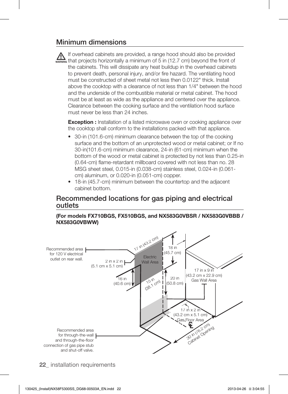 Minimum dimensions, 22 _ installation requirements | Samsung NX58F5300SS-AA User Manual | Page 22 / 40