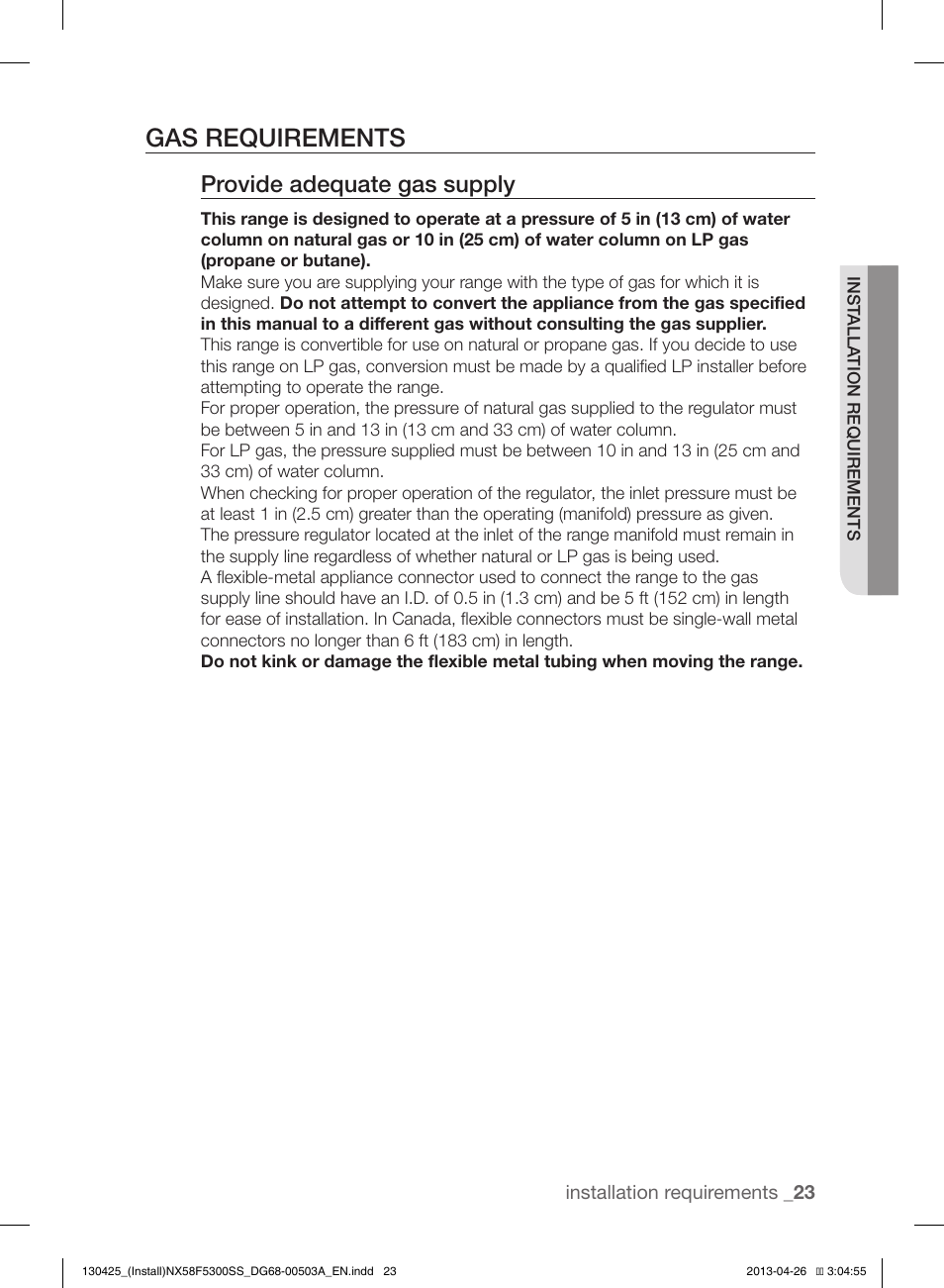 Gas requirements, Provide adequate gas supply | Samsung NX58F5300SS-AA User Manual | Page 23 / 40