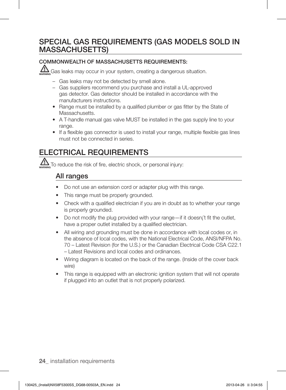 Electrical requirements, All ranges | Samsung NX58F5300SS-AA User Manual | Page 24 / 40