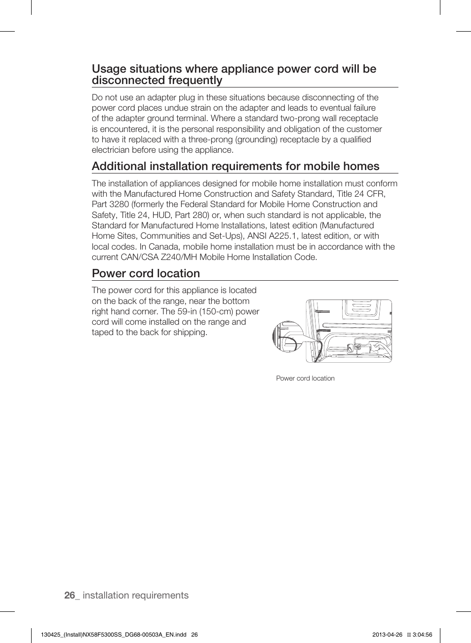 Power cord location | Samsung NX58F5300SS-AA User Manual | Page 26 / 40