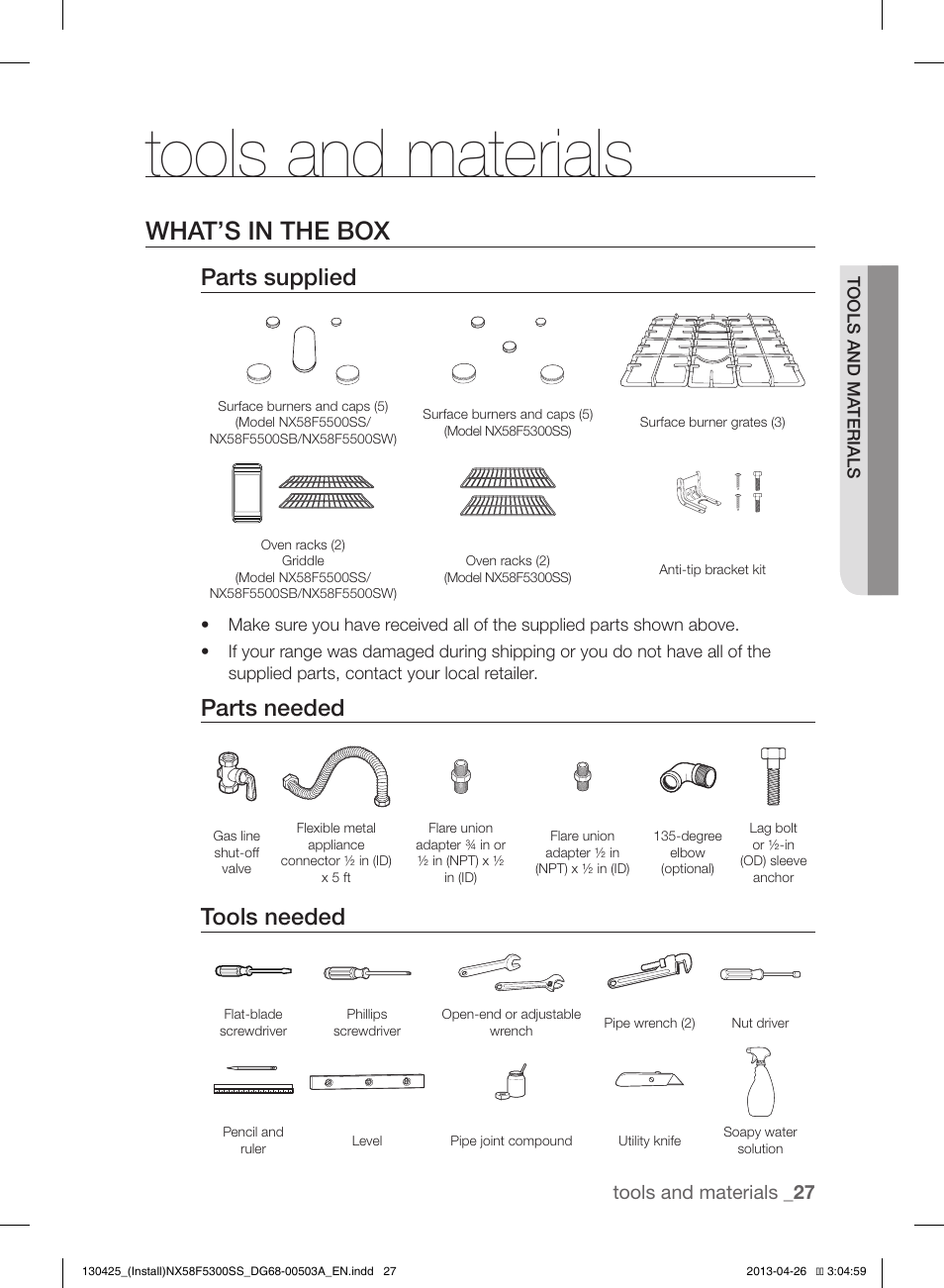 Tools and materials, What’s in the box, Parts supplied | Parts needed, Tools needed, Tools and materials _ 27 | Samsung NX58F5300SS-AA User Manual | Page 27 / 40