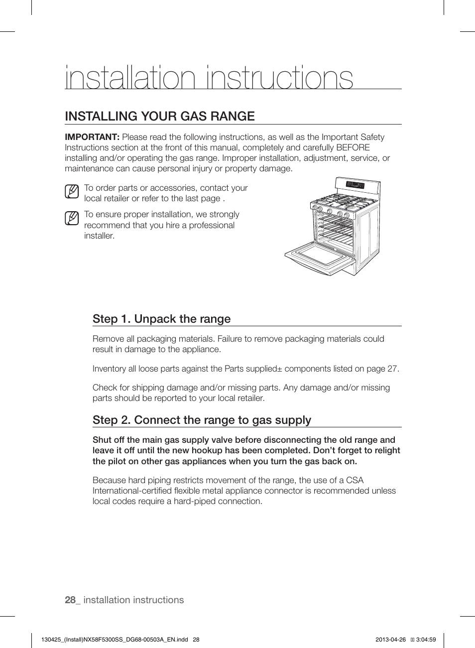 Installation instructions, Installing your gas range, Step 1. unpack the range | Step 2. connect the range to gas supply | Samsung NX58F5300SS-AA User Manual | Page 28 / 40