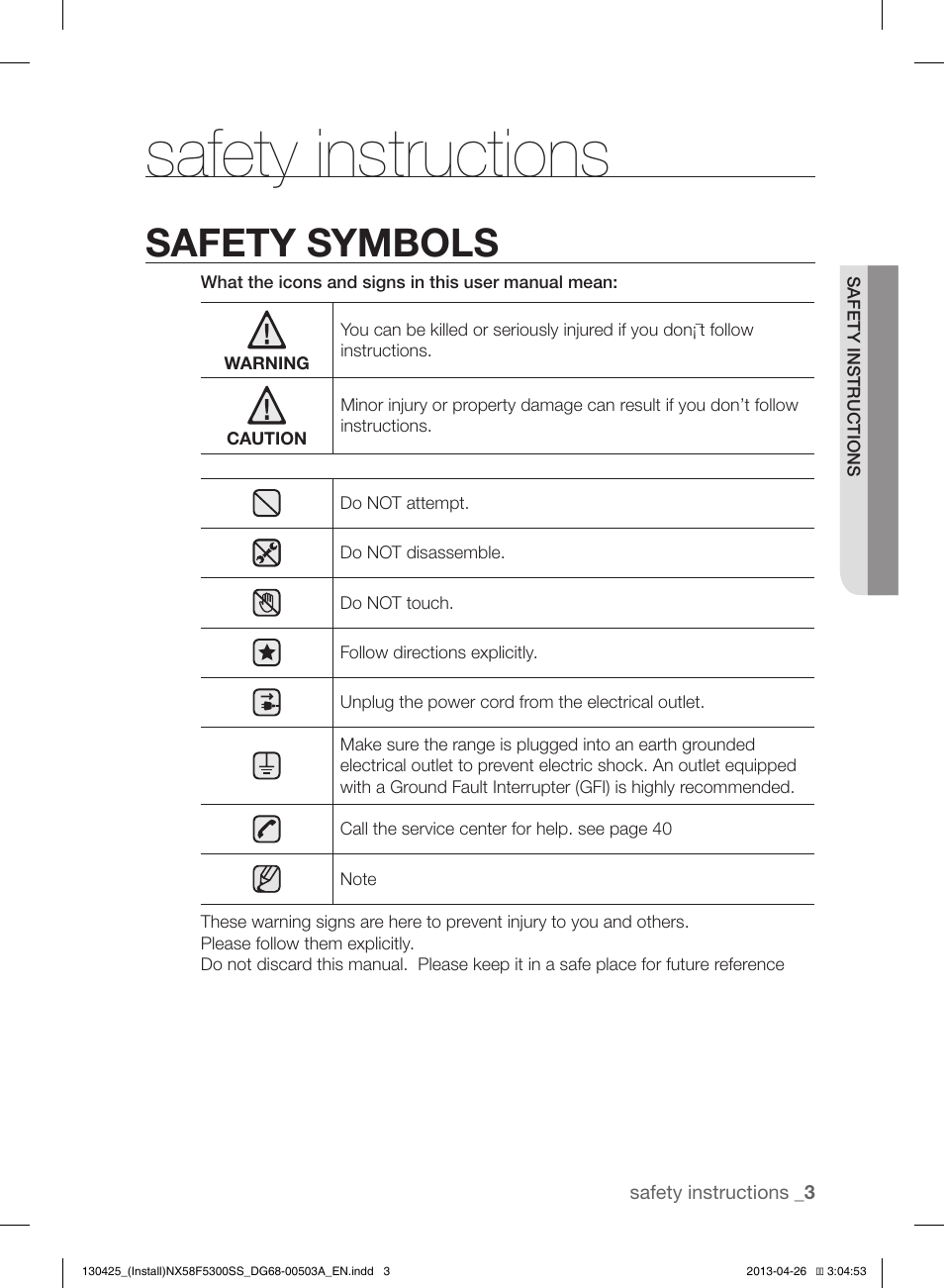 Safety instructions, Safety symbols | Samsung NX58F5300SS-AA User Manual | Page 3 / 40