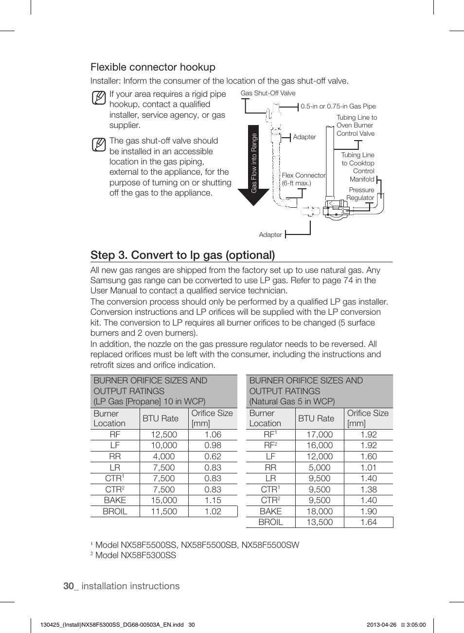 Step 3. convert to lp gas (optional), Flexible connector hookup | Samsung NX58F5300SS-AA User Manual | Page 30 / 40