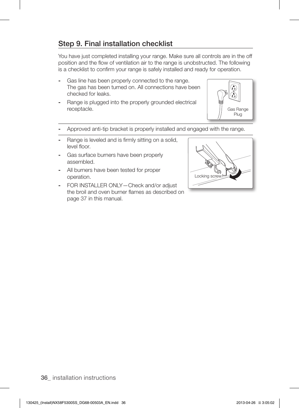 Step 9. final installation checklist | Samsung NX58F5300SS-AA User Manual | Page 36 / 40