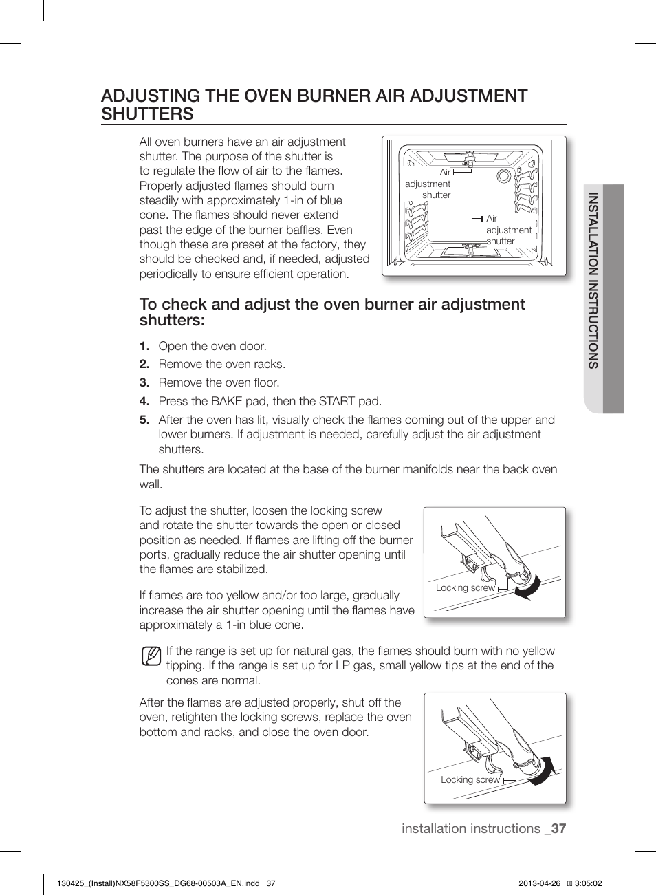 Adjusting the oven burner air adjustment shutters | Samsung NX58F5300SS-AA User Manual | Page 37 / 40