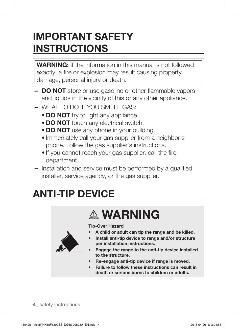 Warning, Important safety instructions, Anti-tip device | Samsung NX58F5300SS-AA User Manual | Page 4 / 40