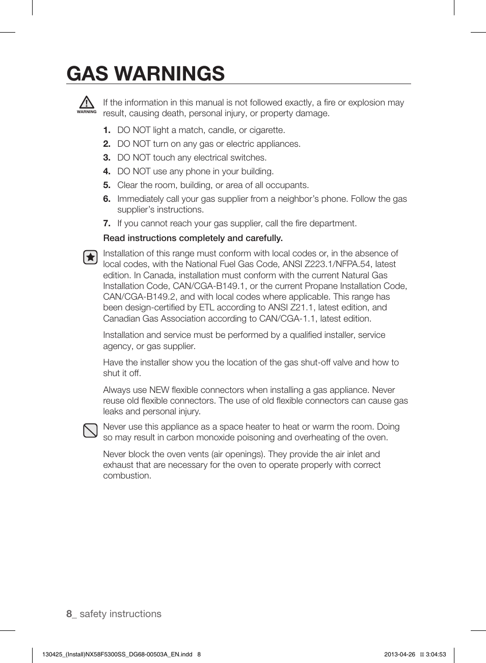 Gas warnings | Samsung NX58F5300SS-AA User Manual | Page 8 / 40
