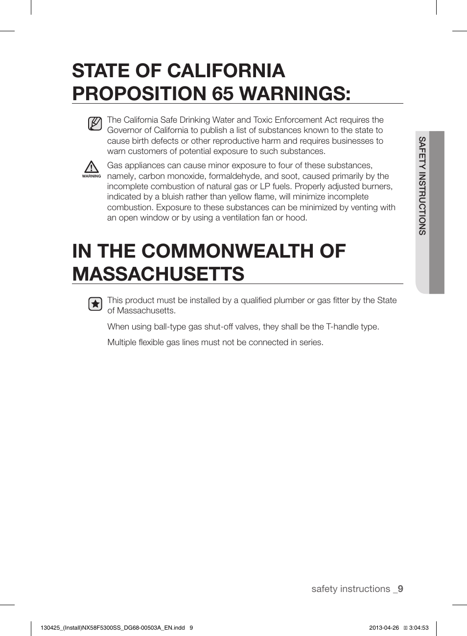 State of california proposition 65 warnings | Samsung NX58F5300SS-AA User Manual | Page 9 / 40