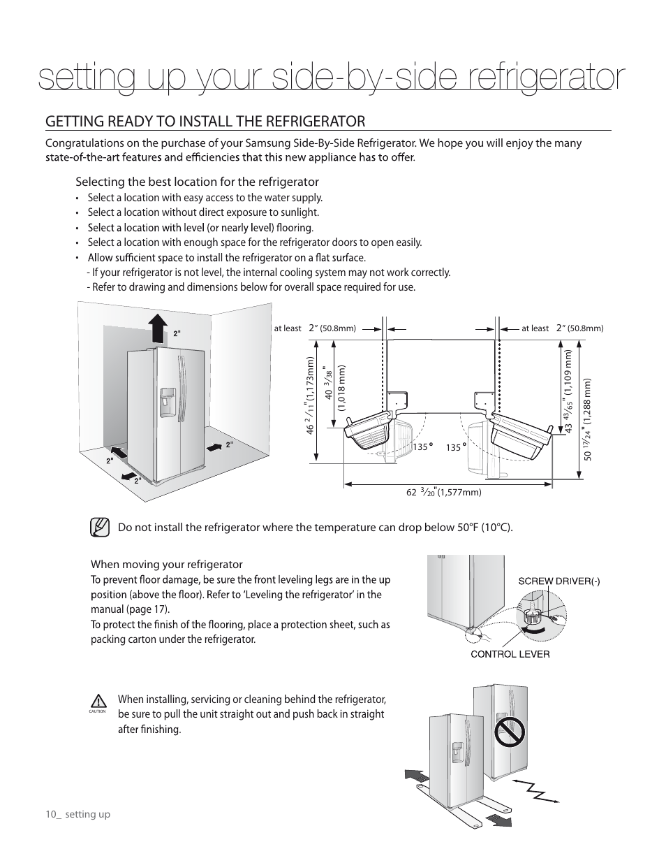 Setting up your side-by-side refrigerator, Getting ready to install the refrigerator, Selecting the best location for the refrigerator | Samsung RS267TDWP-XAA User Manual | Page 10 / 72