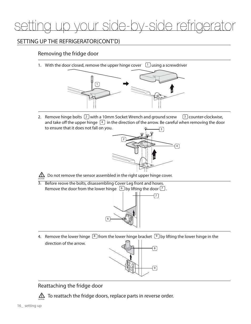 Setting up your side-by-side refrigerator, Setting up the refrigerator(cont’d), Removing the fridge door | Reattaching the fridge door | Samsung RS267TDWP-XAA User Manual | Page 16 / 72