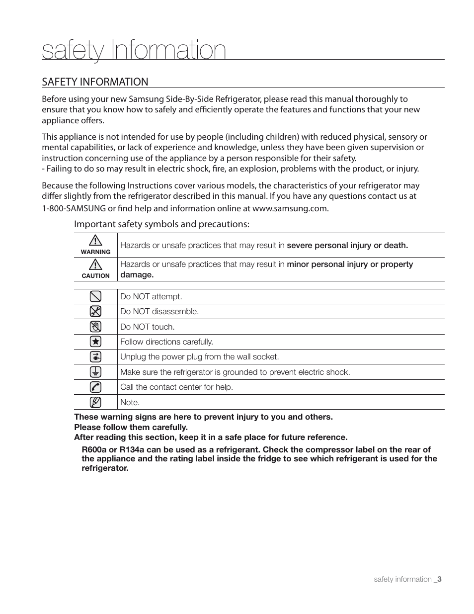 Safety information | Samsung RS267TDWP-XAA User Manual | Page 3 / 72