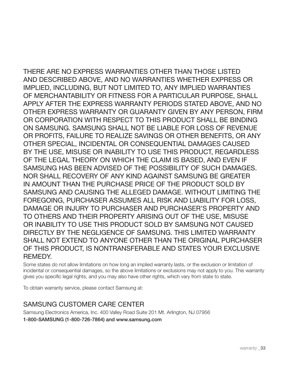 Samsung customer care center | Samsung RS267TDWP-XAA User Manual | Page 33 / 72