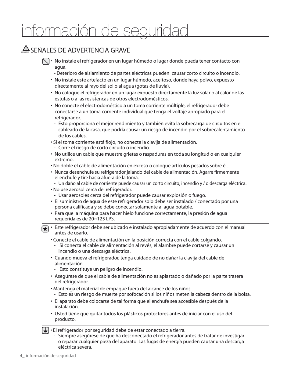 Información de seguridad | Samsung RS267TDWP-XAA User Manual | Page 40 / 72