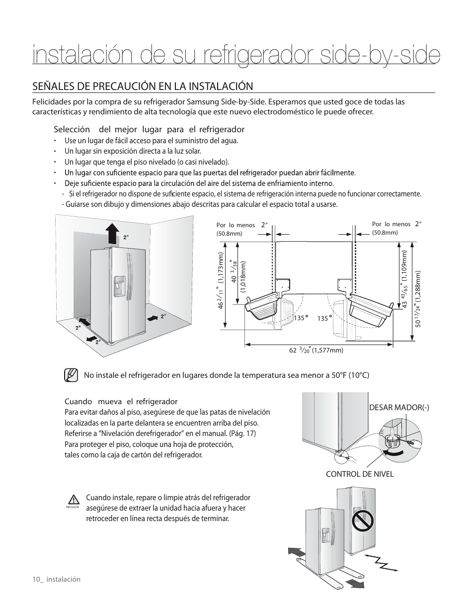 Instalación de su refrigerador side-by-side, Señales de precaución en la instalación, Selección del mejor lugar para el refrigerador | Samsung RS267TDWP-XAA User Manual | Page 46 / 72