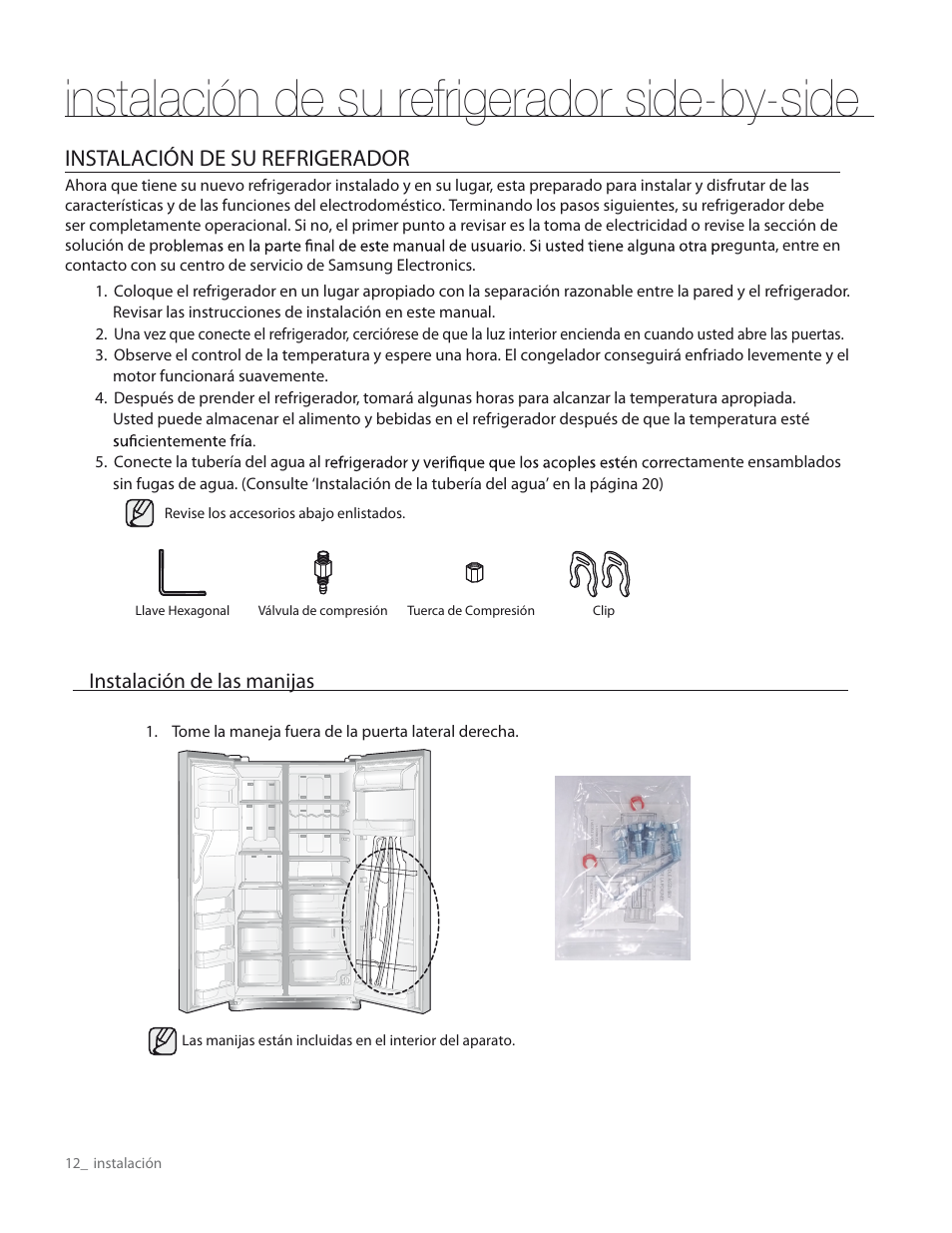 Instalación de su refrigerador side-by-side, Instalación de su refrigerador, Instalación de las manijas | Samsung RS267TDWP-XAA User Manual | Page 48 / 72