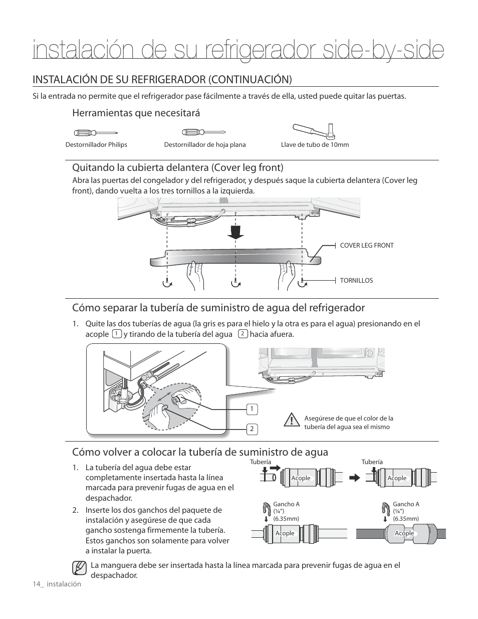 Instalación de su refrigerador side-by-side, Instalación de su refrigerador (continuación) | Samsung RS267TDWP-XAA User Manual | Page 50 / 72