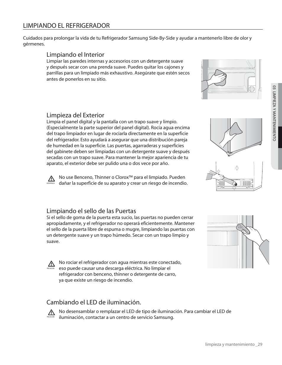 Limpiando el refrigerador, Limpiando el interior, Limpieza del exterior | Limpiando el sello de las puertas, Cambiando el led de iluminación | Samsung RS267TDWP-XAA User Manual | Page 65 / 72
