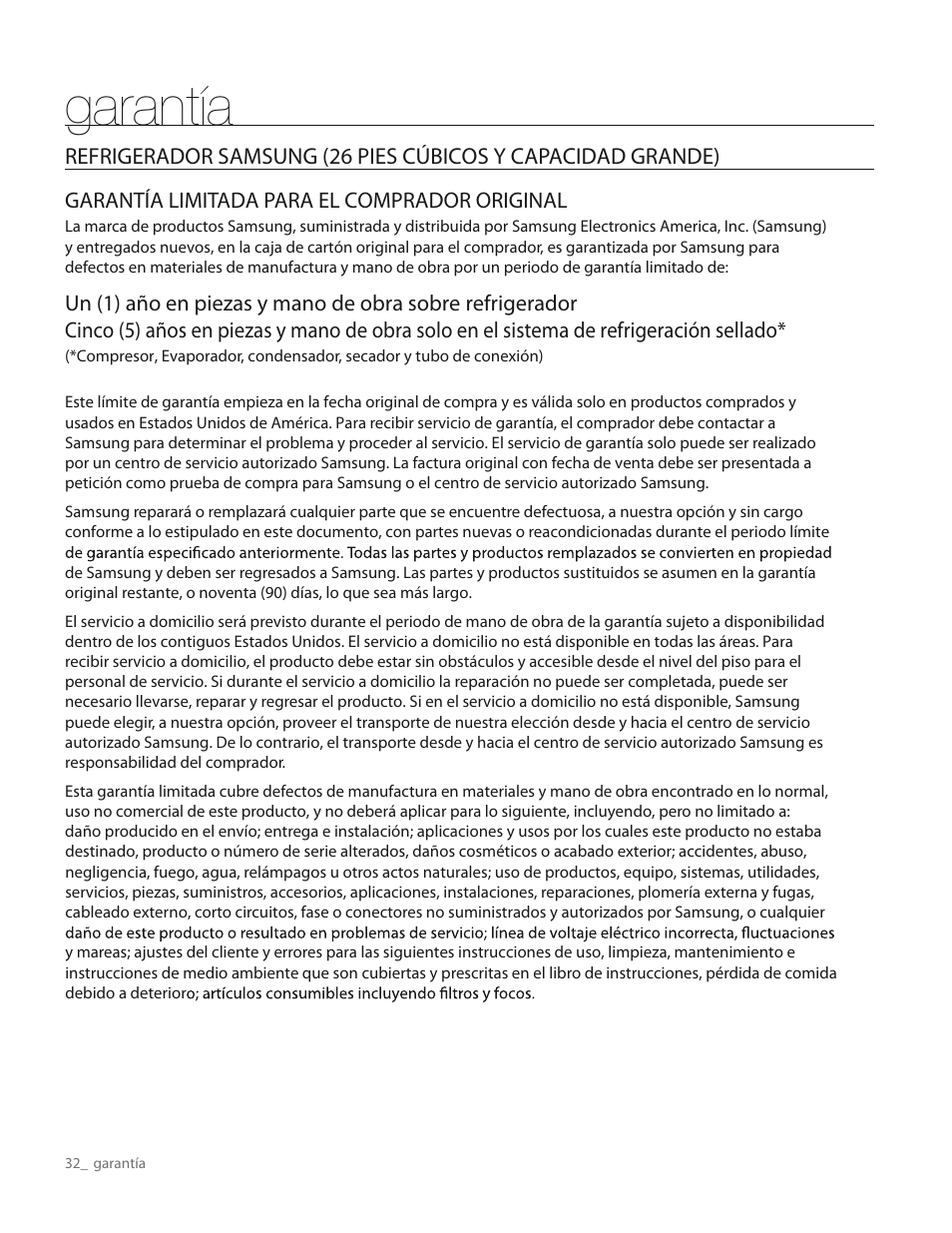 Garantía | Samsung RS267TDWP-XAA User Manual | Page 68 / 72