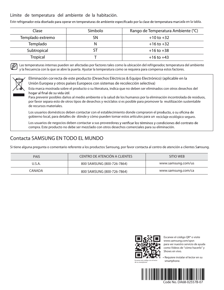 Contacta samsung en todo el mundo | Samsung RS267TDWP-XAA User Manual | Page 72 / 72