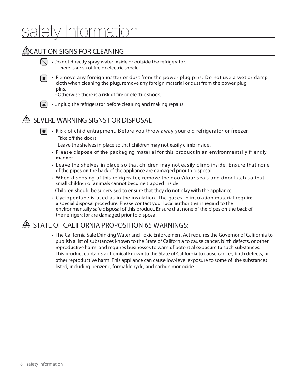 Safety information, Caution signs for cleaning, Severe warning signs for disposal | State of california proposition 65 warnings | Samsung RS267TDWP-XAA User Manual | Page 8 / 72