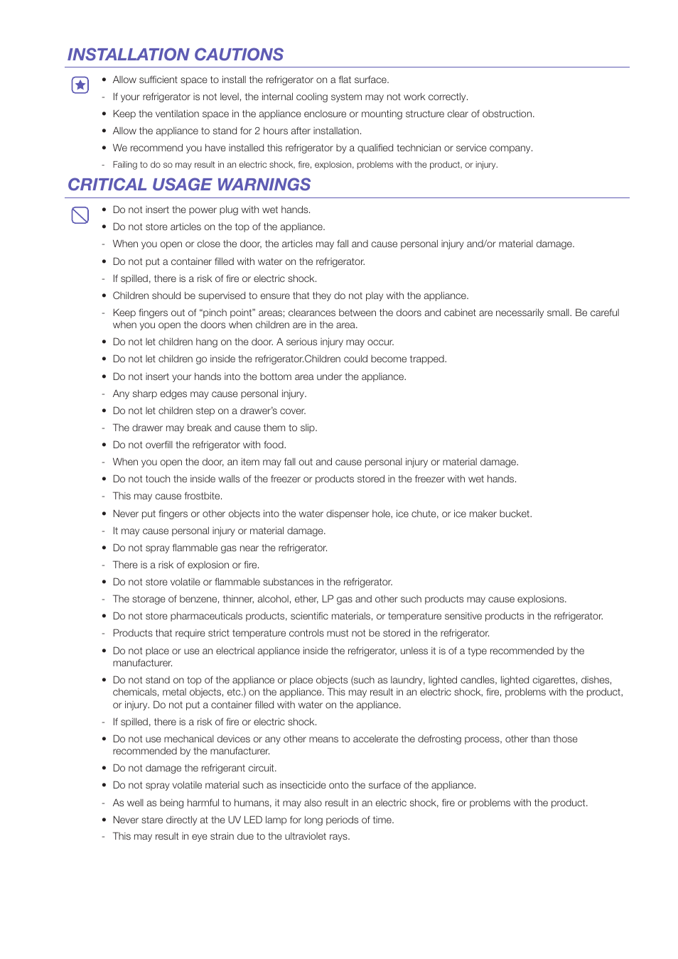 Installation cautions critical usage warnings | Samsung RF26HFPNBSR-AA User Manual | Page 3 / 10