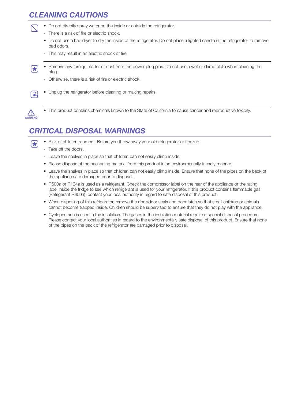 Critical disposal warnings cleaning cautions | Samsung RF26HFPNBSR-AA User Manual | Page 6 / 10