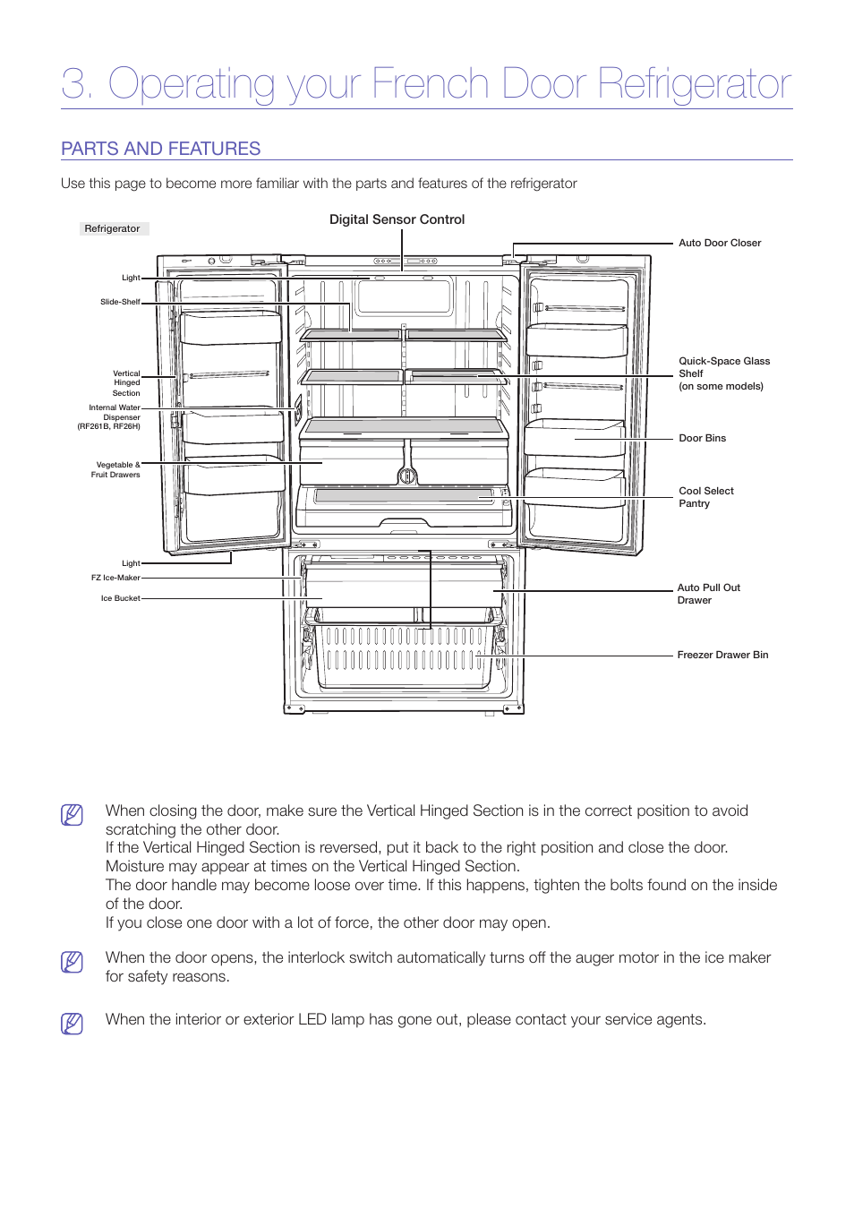 Operating your french door refrigerator, Parts and features | Samsung RF26HFPNBSR-AA User Manual | Page 8 / 10