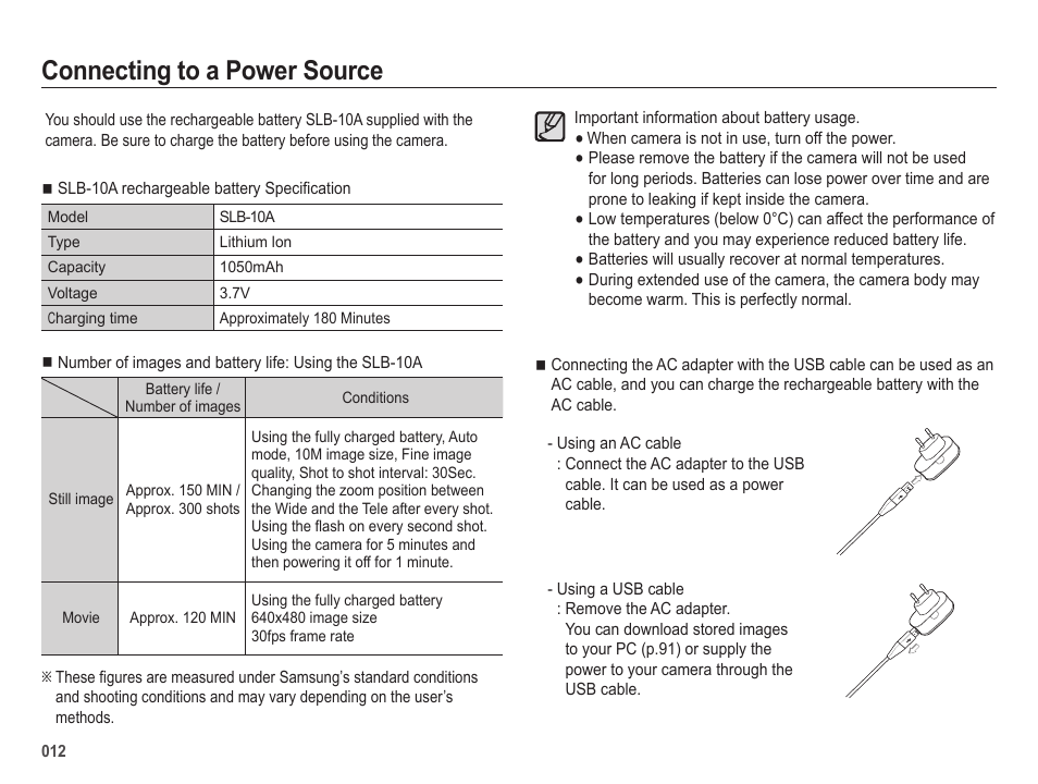 Connecting to a power source | Samsung EC-SL202UBP-US User Manual | Page 13 / 103