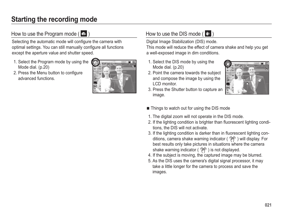 Starting the recording mode | Samsung EC-SL202UBP-US User Manual | Page 22 / 103