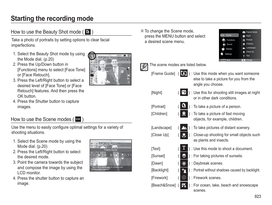 Starting the recording mode, How to use the beauty shot mode ( ), How to use the scene modes ( ) | Samsung EC-SL202UBP-US User Manual | Page 24 / 103