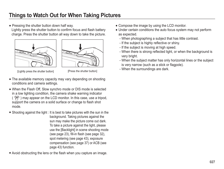 Things to watch out for when taking pictures | Samsung EC-SL202UBP-US User Manual | Page 28 / 103