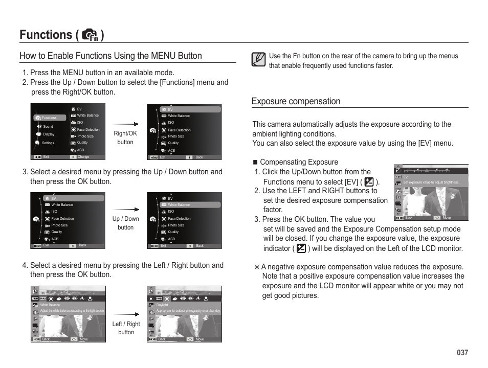 Functions ( ), Exposure compensation, How to enable functions using the menu button | Samsung EC-SL202UBP-US User Manual | Page 38 / 103