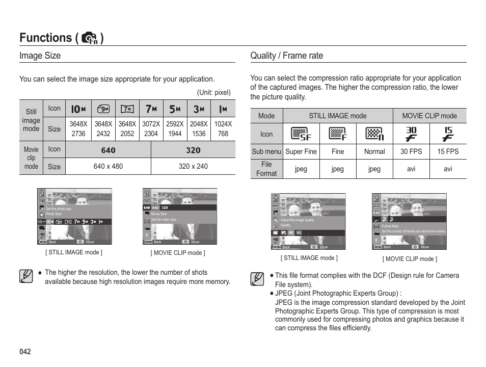 Functions ( ), Image size, Quality / frame rate | Samsung EC-SL202UBP-US User Manual | Page 43 / 103