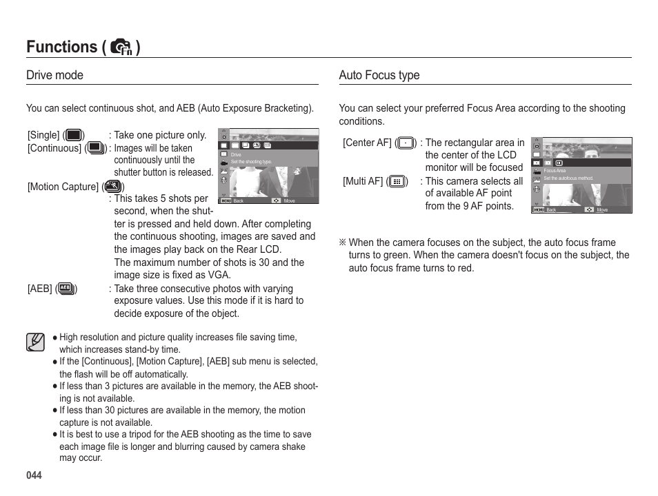 Functions ( ), Drive mode, Auto focus type | Samsung EC-SL202UBP-US User Manual | Page 45 / 103