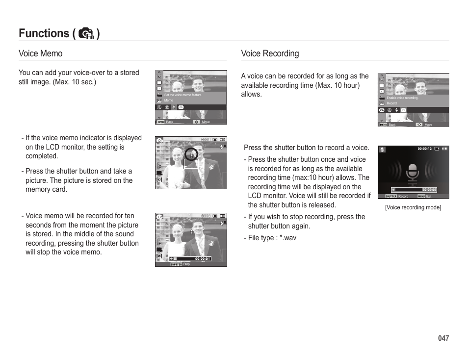 Functions ( ), Voice recording | Samsung EC-SL202UBP-US User Manual | Page 48 / 103