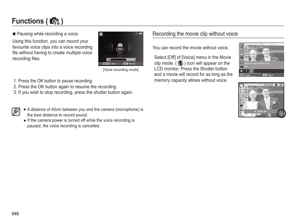 Functions ( ), Recording the movie clip without voice | Samsung EC-SL202UBP-US User Manual | Page 49 / 103