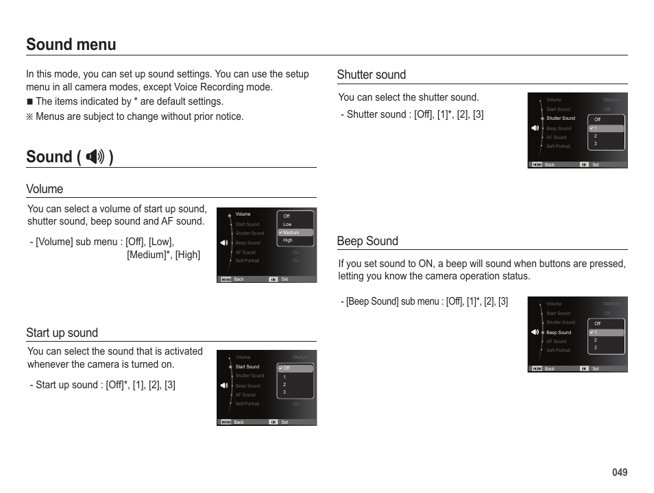 Sound menu, Sound (  ), Volume | Start up sound, Shutter sound, Beep sound | Samsung EC-SL202UBP-US User Manual | Page 50 / 103